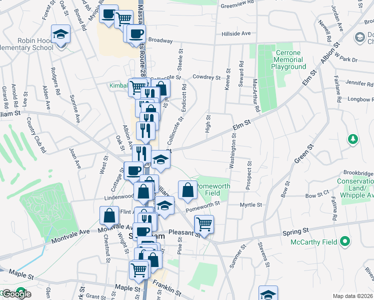 map of restaurants, bars, coffee shops, grocery stores, and more near 51 Elm Street in Stoneham