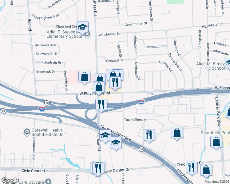 map of restaurants, bars, coffee shops, grocery stores, and more near 21700 West Eleven Mile Road in Southfield