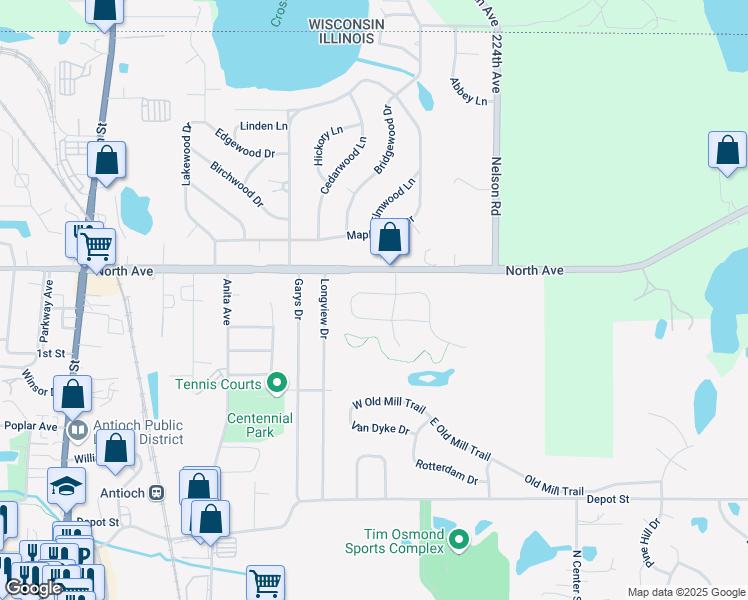 map of restaurants, bars, coffee shops, grocery stores, and more near 27 West Vandermeer Drive in Antioch