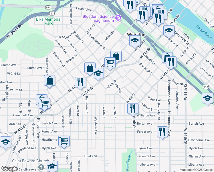 map of restaurants, bars, coffee shops, grocery stores, and more near 1026 West 6th Street in Waterloo