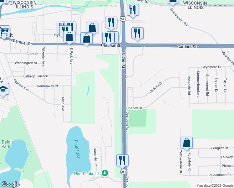 map of restaurants, bars, coffee shops, grocery stores, and more near 732 Dearborn Avenue in South Beloit