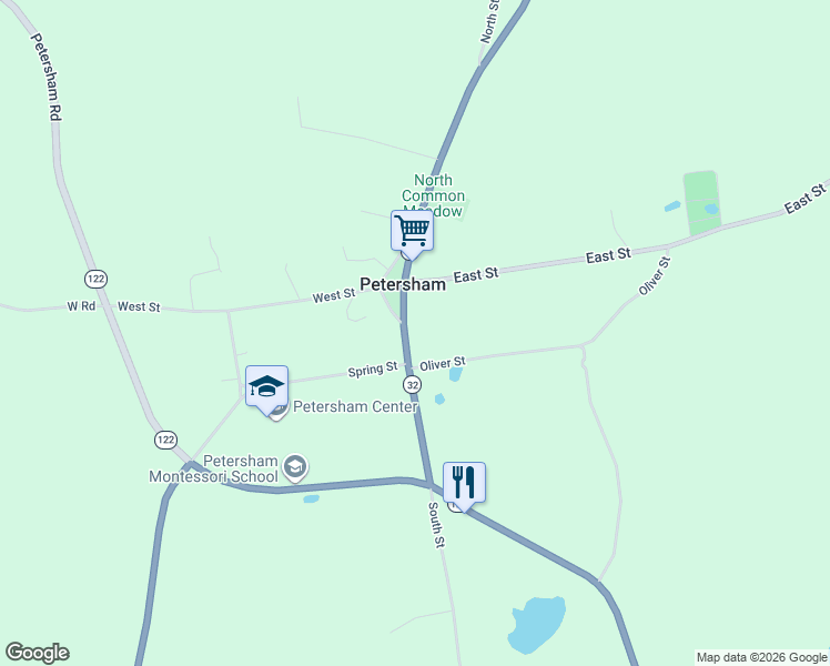 map of restaurants, bars, coffee shops, grocery stores, and more near 15 South Main Street in Petersham