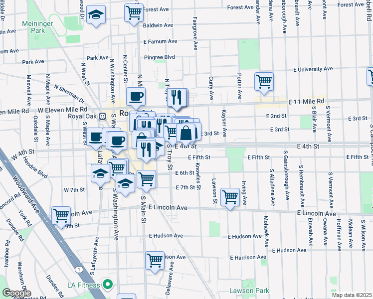 map of restaurants, bars, coffee shops, grocery stores, and more near 401 East 4th Street in Royal Oak