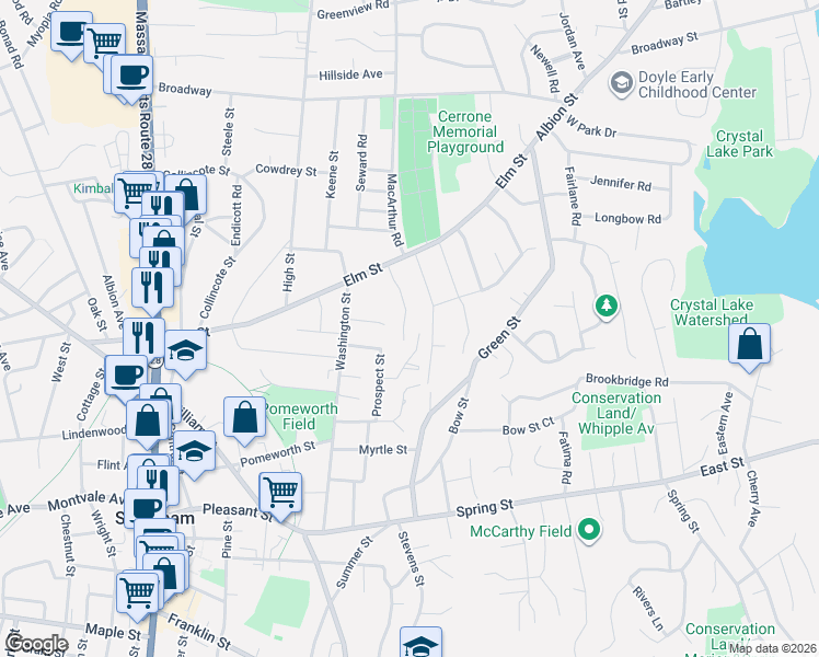map of restaurants, bars, coffee shops, grocery stores, and more near 51 Duncklee Avenue in Stoneham