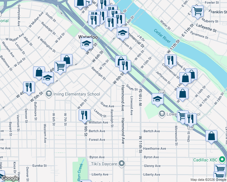 map of restaurants, bars, coffee shops, grocery stores, and more near 119 Hammond Court in Waterloo