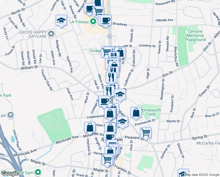 map of restaurants, bars, coffee shops, grocery stores, and more near 212 Main Street in Stoneham