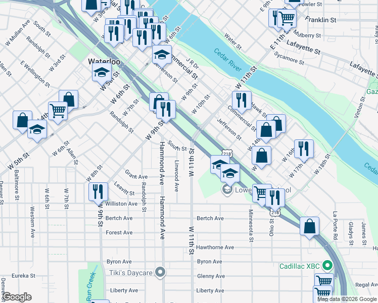map of restaurants, bars, coffee shops, grocery stores, and more near 600 West 11th Street in Waterloo