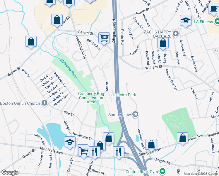 map of restaurants, bars, coffee shops, grocery stores, and more near 15 Mill Street in Woburn