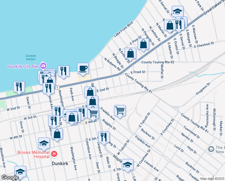 map of restaurants, bars, coffee shops, grocery stores, and more near 117 East 2nd Street in Dunkirk