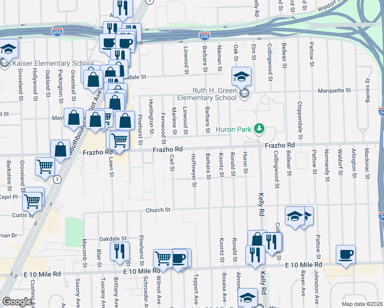 map of restaurants, bars, coffee shops, grocery stores, and more near 18201 Frazho Road in Roseville