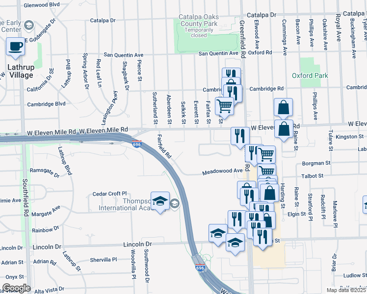 map of restaurants, bars, coffee shops, grocery stores, and more near 26855 Greenleigh Court in Southfield
