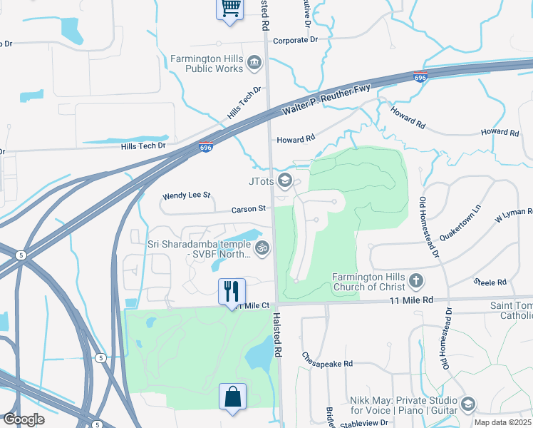 map of restaurants, bars, coffee shops, grocery stores, and more near 37411 Carson Street in Farmington Hills