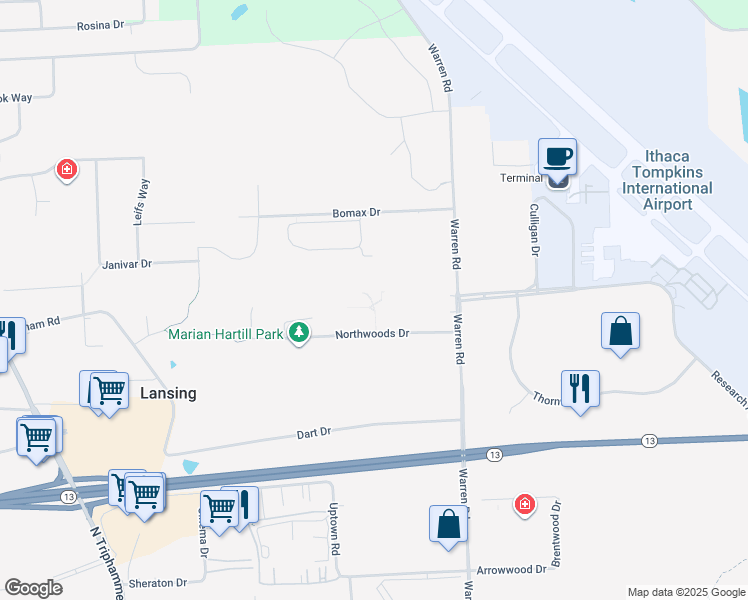 map of restaurants, bars, coffee shops, grocery stores, and more near 700 Warren Road in Ithaca