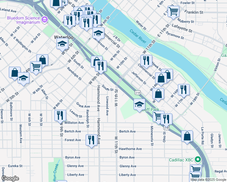 map of restaurants, bars, coffee shops, grocery stores, and more near 600 West 11th Street in Waterloo