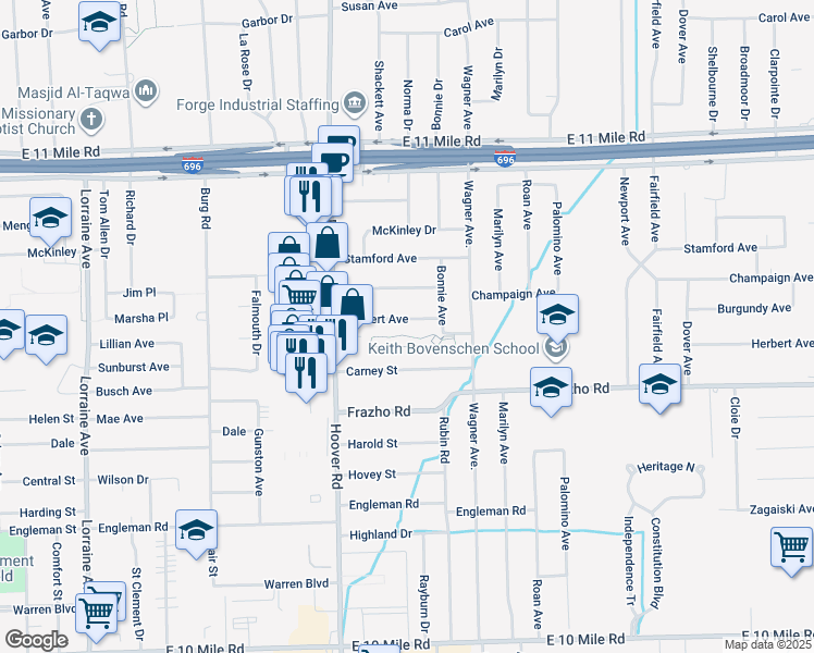 map of restaurants, bars, coffee shops, grocery stores, and more near 11852 Herbert Avenue in Warren
