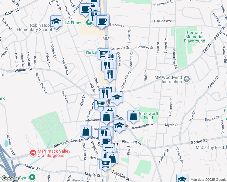 map of restaurants, bars, coffee shops, grocery stores, and more near 212 Main Street in Stoneham