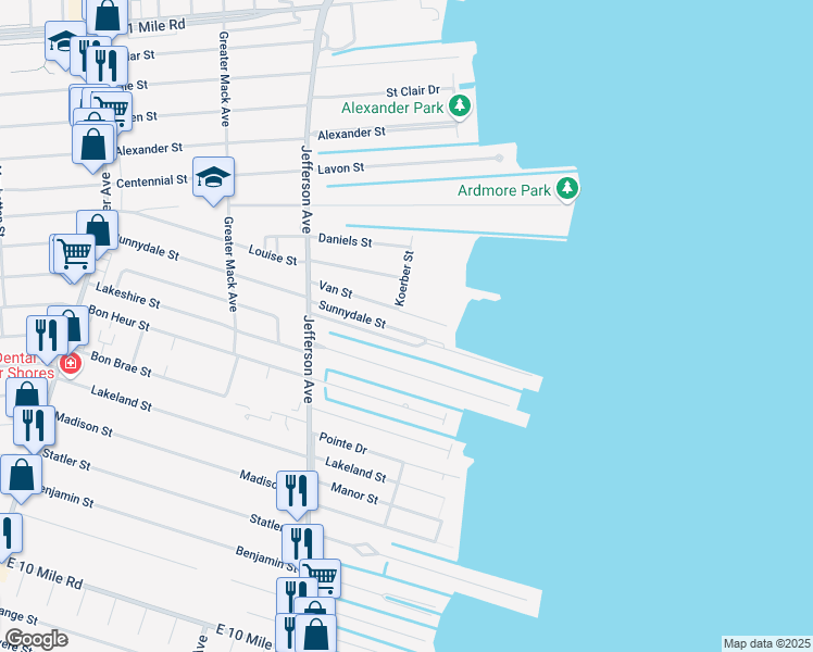 map of restaurants, bars, coffee shops, grocery stores, and more near 22552 Van Street in St. Clair Shores
