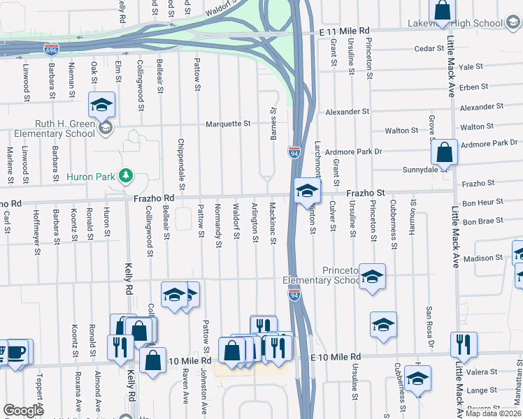 map of restaurants, bars, coffee shops, grocery stores, and more near 25934 Mackinac Street in Roseville