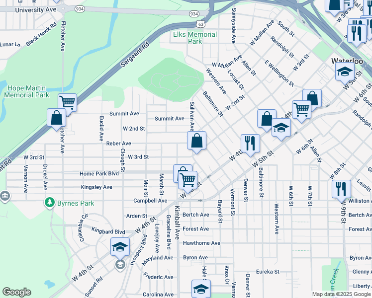 map of restaurants, bars, coffee shops, grocery stores, and more near 416 Sullivan Avenue in Waterloo