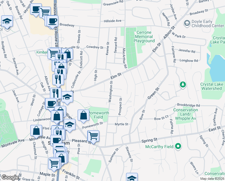 map of restaurants, bars, coffee shops, grocery stores, and more near 2 Vera Lane in Stoneham