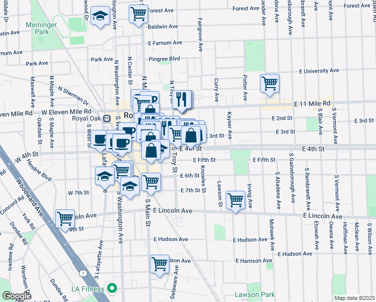 map of restaurants, bars, coffee shops, grocery stores, and more near 401 East 4th Street in Royal Oak