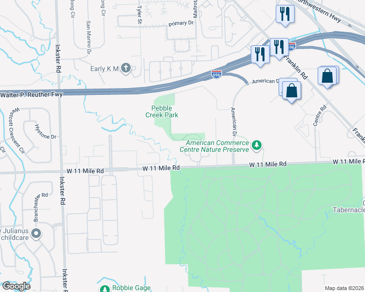 map of restaurants, bars, coffee shops, grocery stores, and more near 26717 West Carnegie Park Drive in Southfield