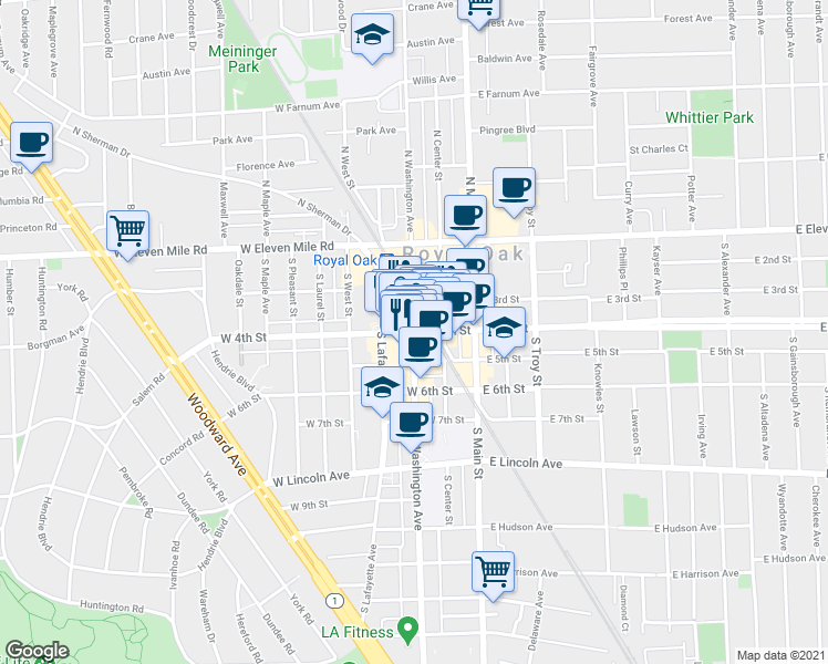 map of restaurants, bars, coffee shops, grocery stores, and more near W 4th St & S Washington Ave in Royal Oak