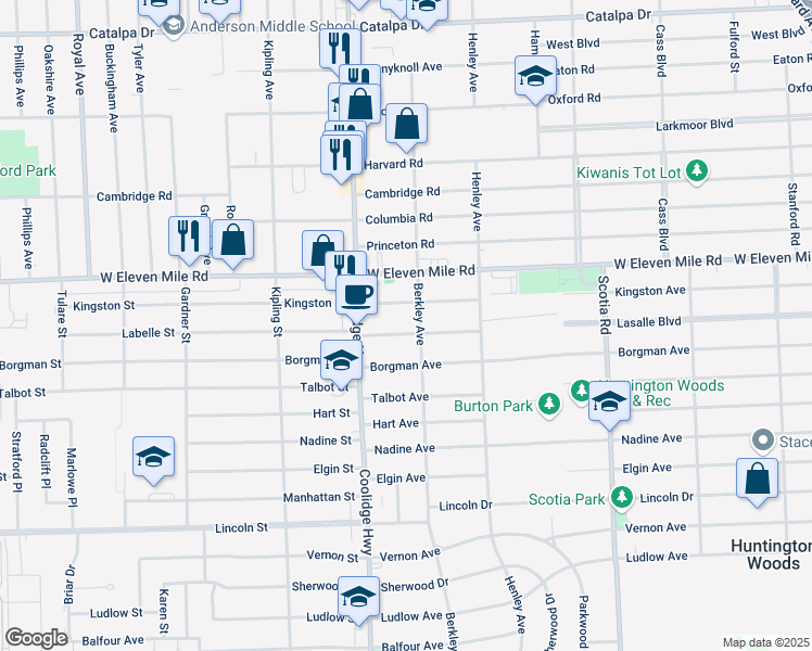 map of restaurants, bars, coffee shops, grocery stores, and more near 13303 Kingston Avenue in Huntington Woods