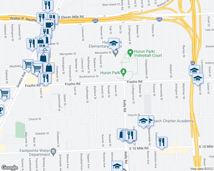map of restaurants, bars, coffee shops, grocery stores, and more near 25935 Ronald Street in Roseville