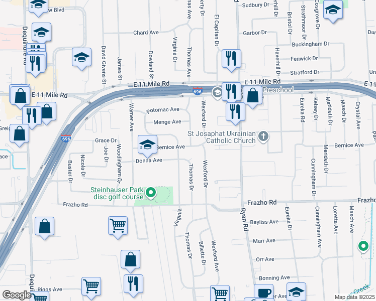 map of restaurants, bars, coffee shops, grocery stores, and more near 3332 Bernice Avenue in Warren