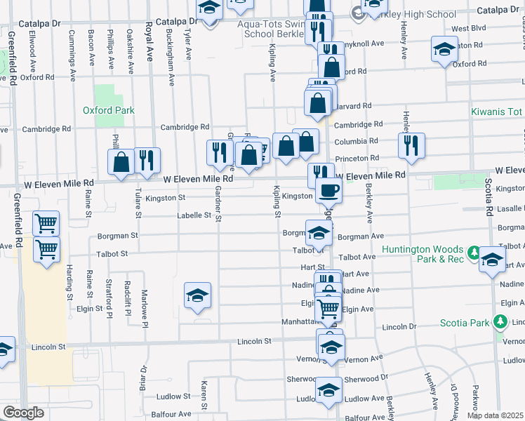 map of restaurants, bars, coffee shops, grocery stores, and more near 14021 Kingston Street in Oak Park