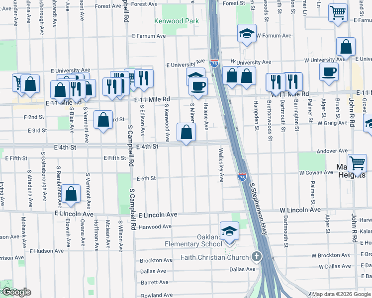 map of restaurants, bars, coffee shops, grocery stores, and more near 2104 E 4th St in Royal Oak