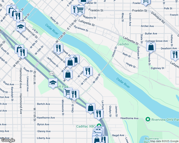 map of restaurants, bars, coffee shops, grocery stores, and more near 1823 Black Hawk Street in Waterloo