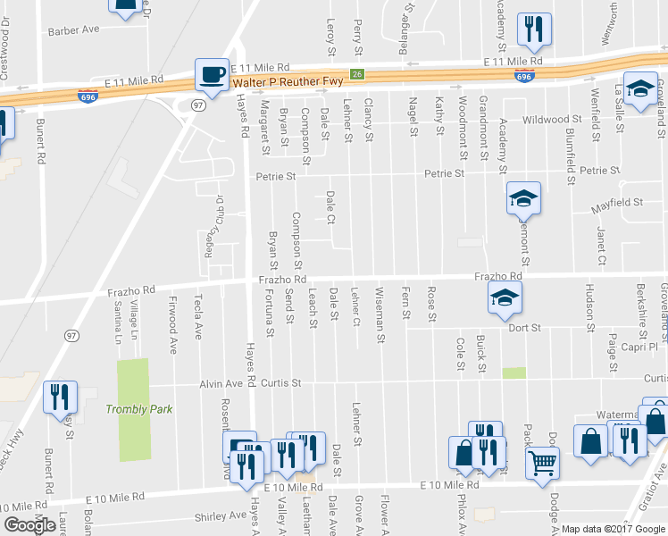 map of restaurants, bars, coffee shops, grocery stores, and more near 15395 Frazho Road in Roseville