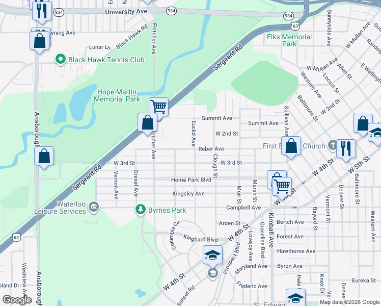 map of restaurants, bars, coffee shops, grocery stores, and more near 607 Reber Avenue in Waterloo