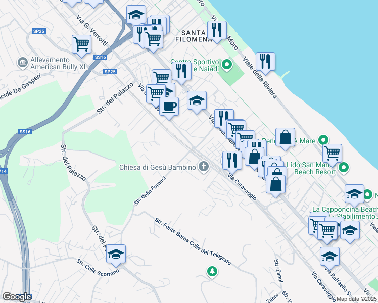 map of restaurants, bars, coffee shops, grocery stores, and more near 30 Strada delle Fornaci in Pescara