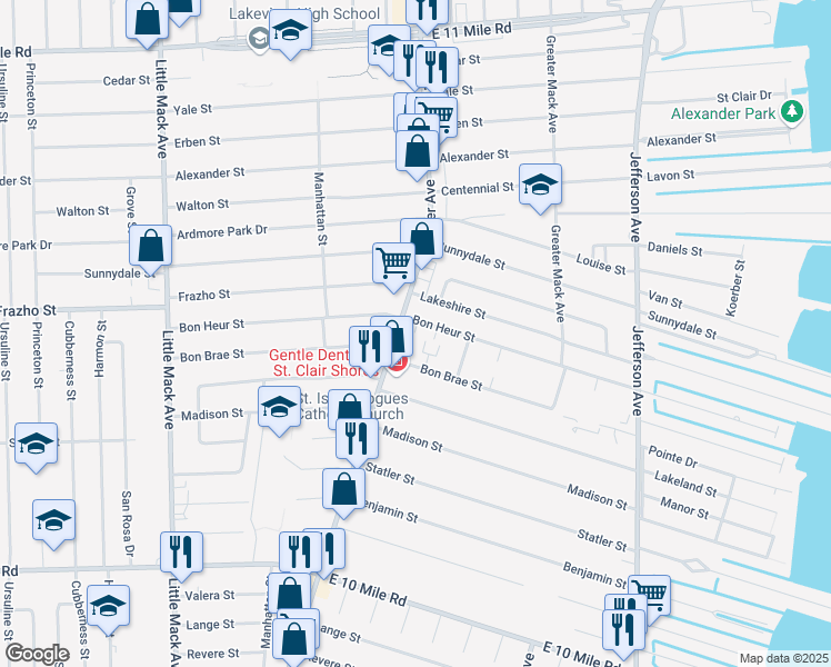 map of restaurants, bars, coffee shops, grocery stores, and more near 21518 Bon Heur Street in St. Clair Shores
