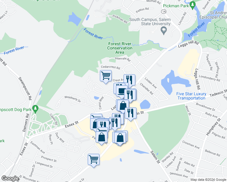 map of restaurants, bars, coffee shops, grocery stores, and more near 6 Loring Hills Avenue in Salem