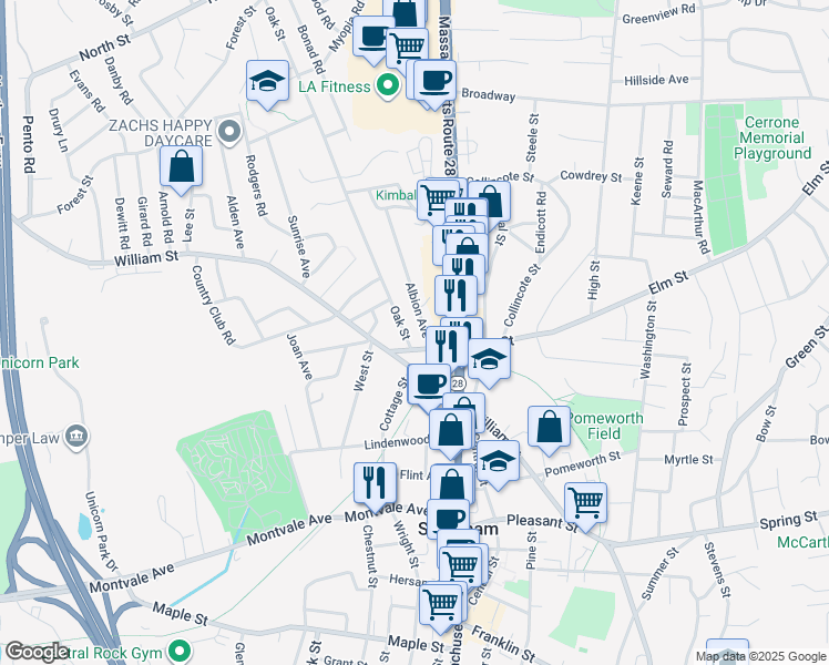 map of restaurants, bars, coffee shops, grocery stores, and more near 6B Albion Avenue in Stoneham