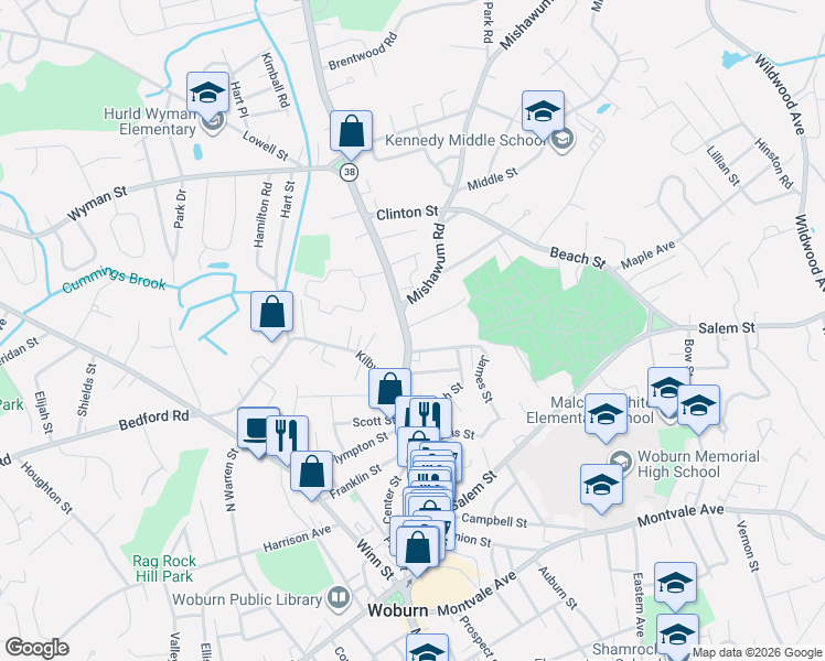 map of restaurants, bars, coffee shops, grocery stores, and more near 3 Frances Street in Woburn