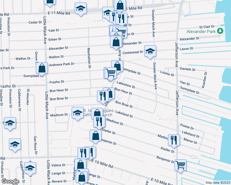 map of restaurants, bars, coffee shops, grocery stores, and more near 21518 Bon Heur Street in St. Clair Shores
