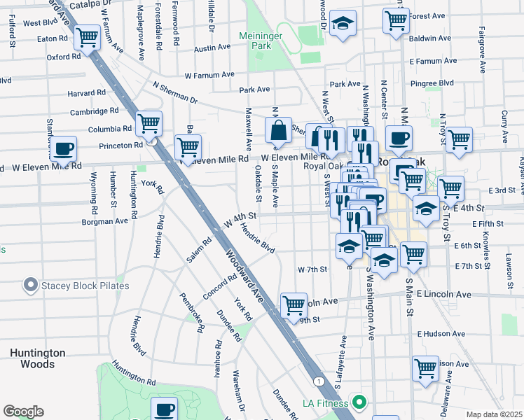 map of restaurants, bars, coffee shops, grocery stores, and more near 324 South Maple Avenue in Royal Oak