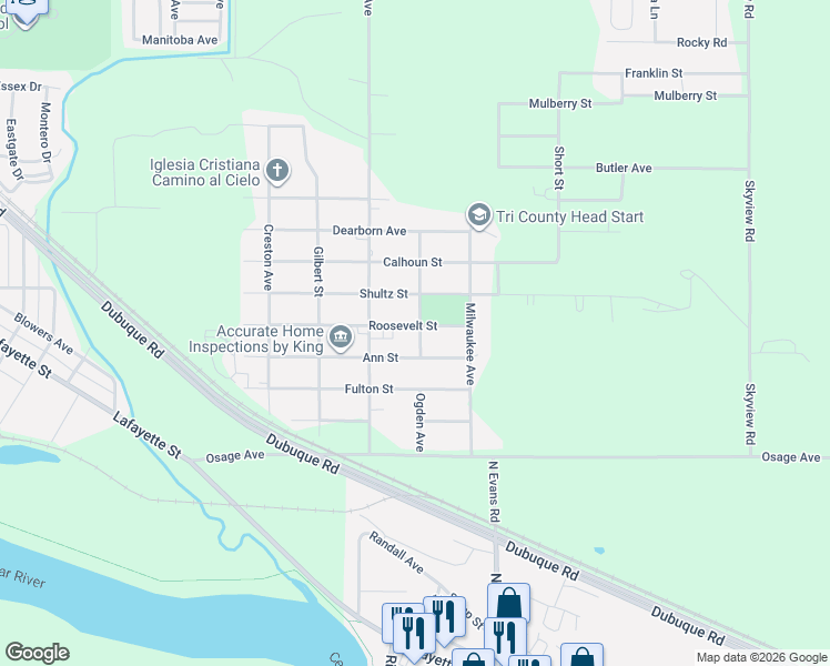 map of restaurants, bars, coffee shops, grocery stores, and more near 1227 Roosevelt Street in Waterloo