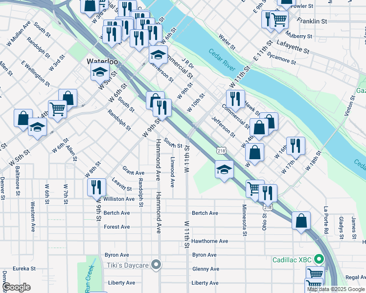 map of restaurants, bars, coffee shops, grocery stores, and more near 600 West 11th Street in Waterloo