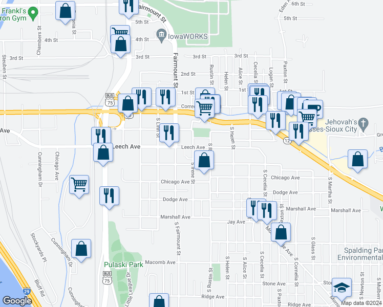 map of restaurants, bars, coffee shops, grocery stores, and more near 2714 Leech Avenue in Sioux City