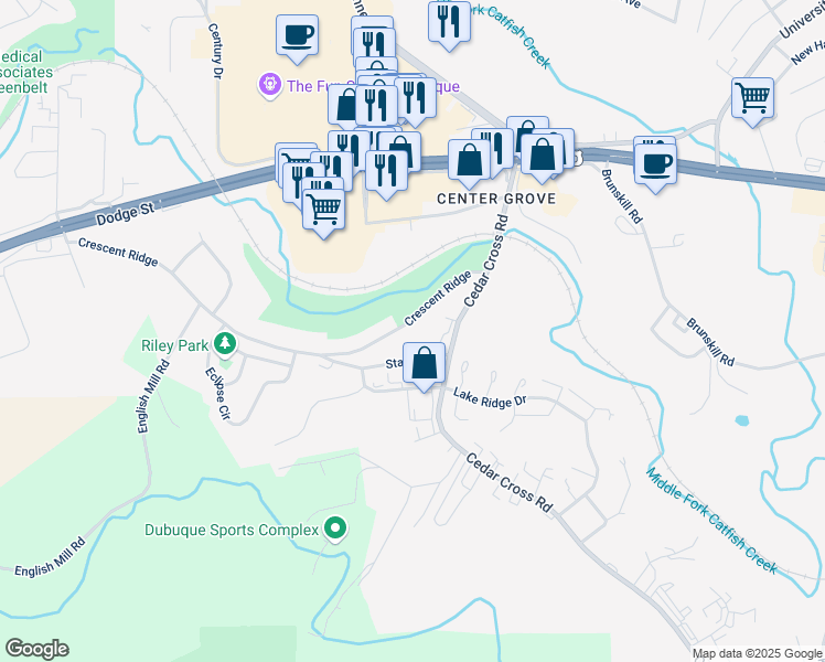 map of restaurants, bars, coffee shops, grocery stores, and more near 3376 Crescent Ridge in Dubuque