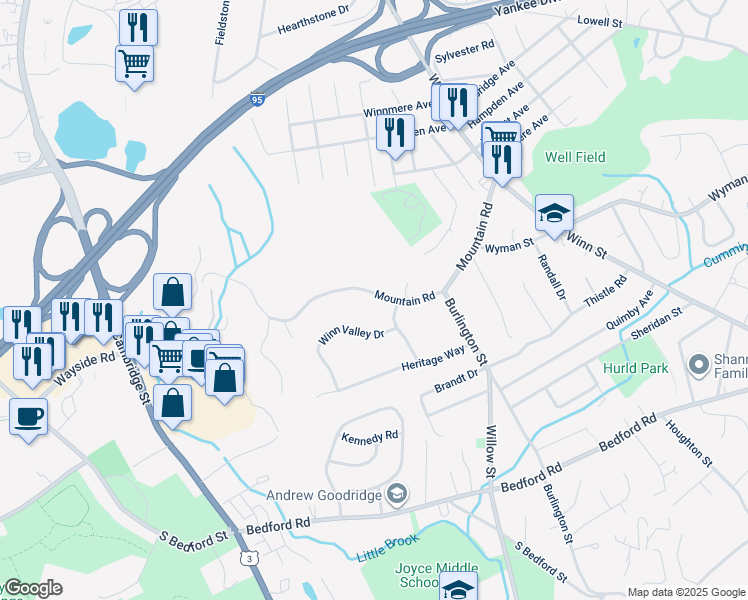 map of restaurants, bars, coffee shops, grocery stores, and more near 38 Mountain Road in Burlington