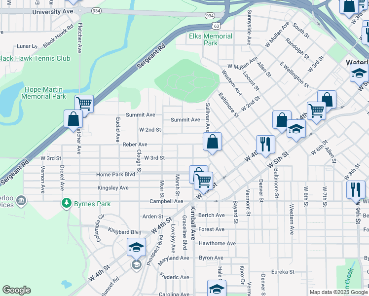map of restaurants, bars, coffee shops, grocery stores, and more near 217 Reber Avenue in Waterloo