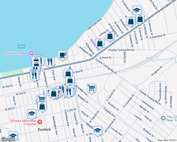 map of restaurants, bars, coffee shops, grocery stores, and more near 117 East 2nd Street in Dunkirk