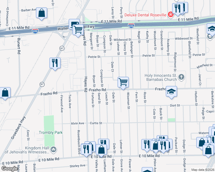 map of restaurants, bars, coffee shops, grocery stores, and more near 15406 Hill Court in Roseville